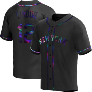 Men's Replica Black Holographic Francisco Lindor New York Mets Alternate Jersey