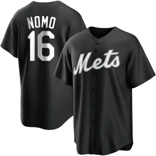 Men's Replica Black/White Hideo Nomo New York Mets Jersey