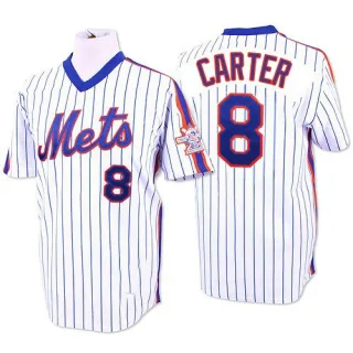 Men's Replica White/Blue Gary Carter New York Mets Strip Throwback Jersey